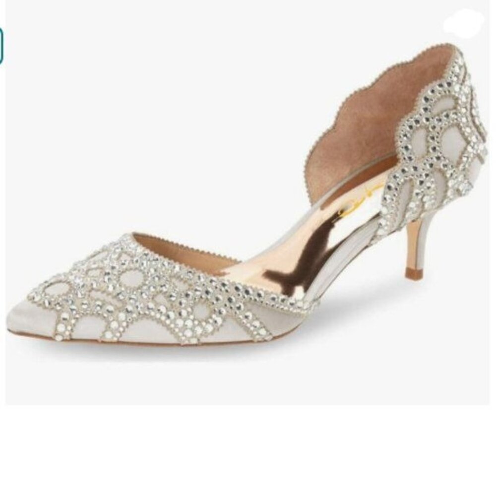 XYD Grey Pumps Pointed Toe D'Orsay Kitten Low Heels Rhinestone Studs Shoes